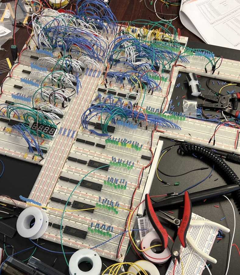 A photo of the computer. The bottom shows the beginnings of a new module. The rest of the computer is covered in wire.