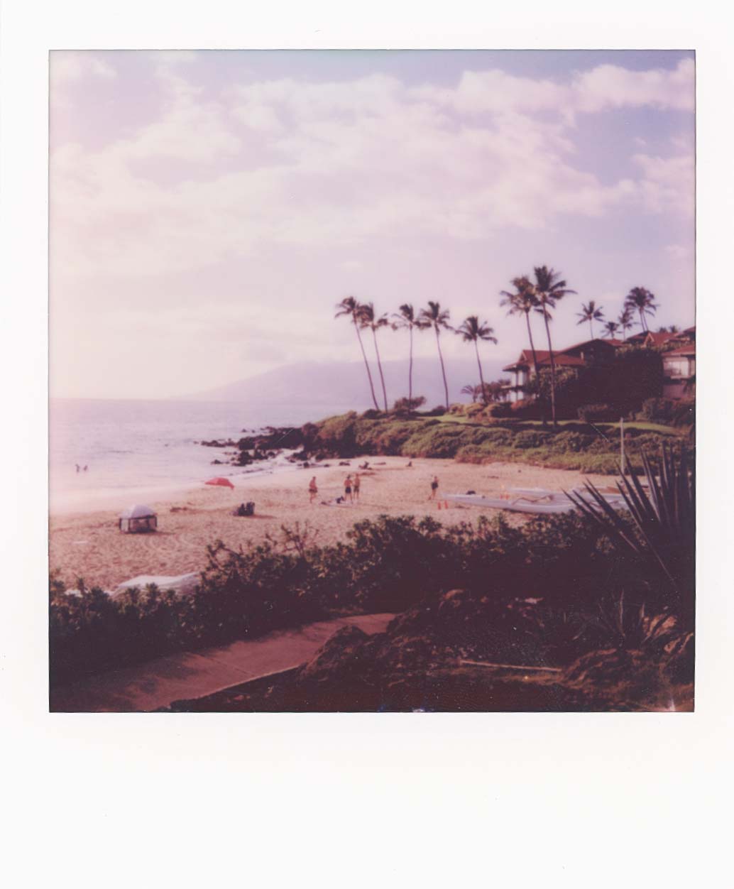 Polariod of the beach during sunset. there are trees and houses in the background.